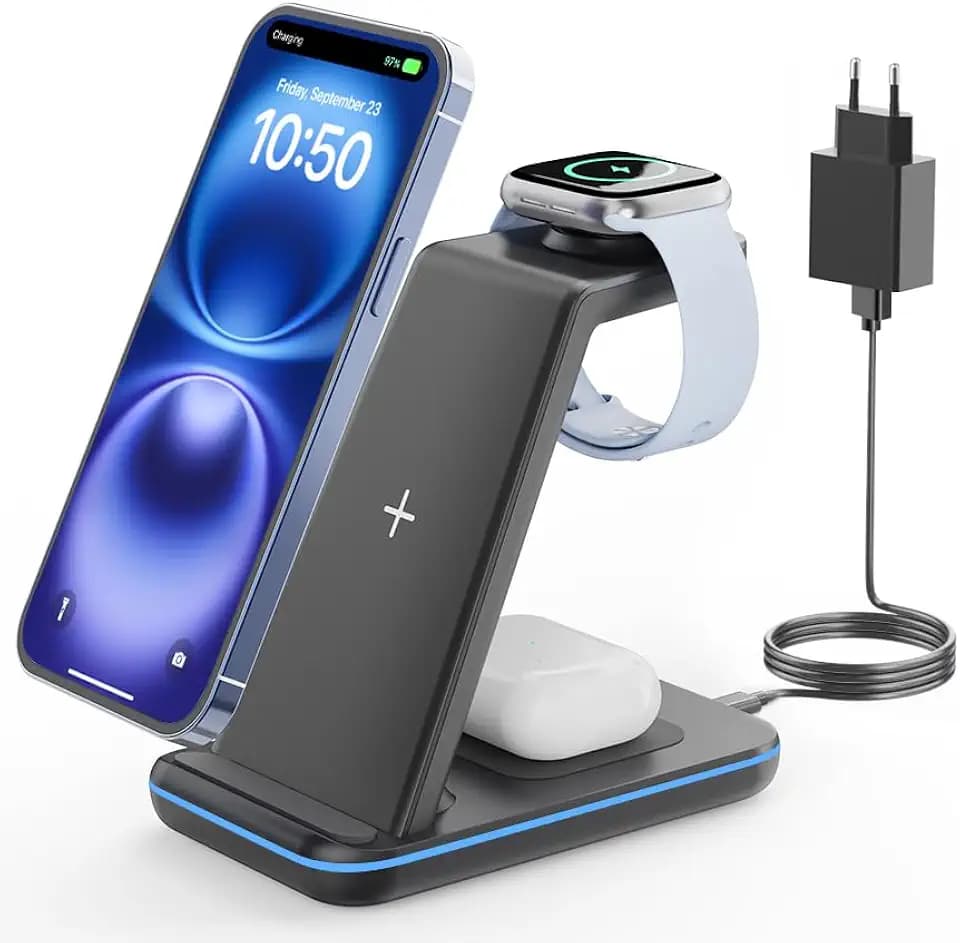 GEEKERA Wireless Charger, 3 in 1 Induktive Ladestation für iPhone Air/17/16/15/14/13/12/11/Pro Max, Ladestation für Apple Watch Ultra 3-1/11-2/SE, Kabelloses Ladegerät für AirPods Pro 3-2/4-2, Schwarz