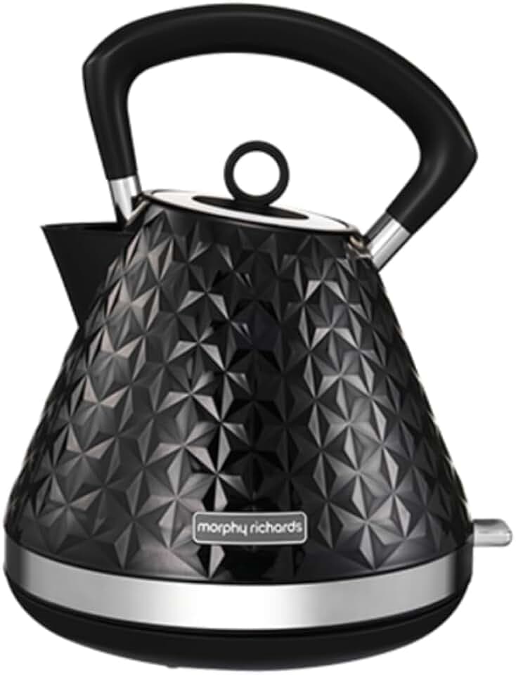 Morphy Richards Vector Pyramiden-Wasserkocher, 1,5 l, 3 kW, Schnellkochen, Anti-Kalkfilter, Trockengehschutz, Wasserfenster, Zugring, abnehmbarer Deckel, 360 Grad schnurloser Boden, Schwarz, 108131