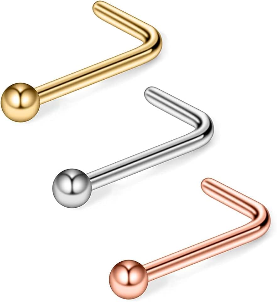 Ruifan 22G 316L Surgical Steel Nose Stud Ring L Shaped with 1.8mm Ball Top Piercing Jewelry 2-6PCS