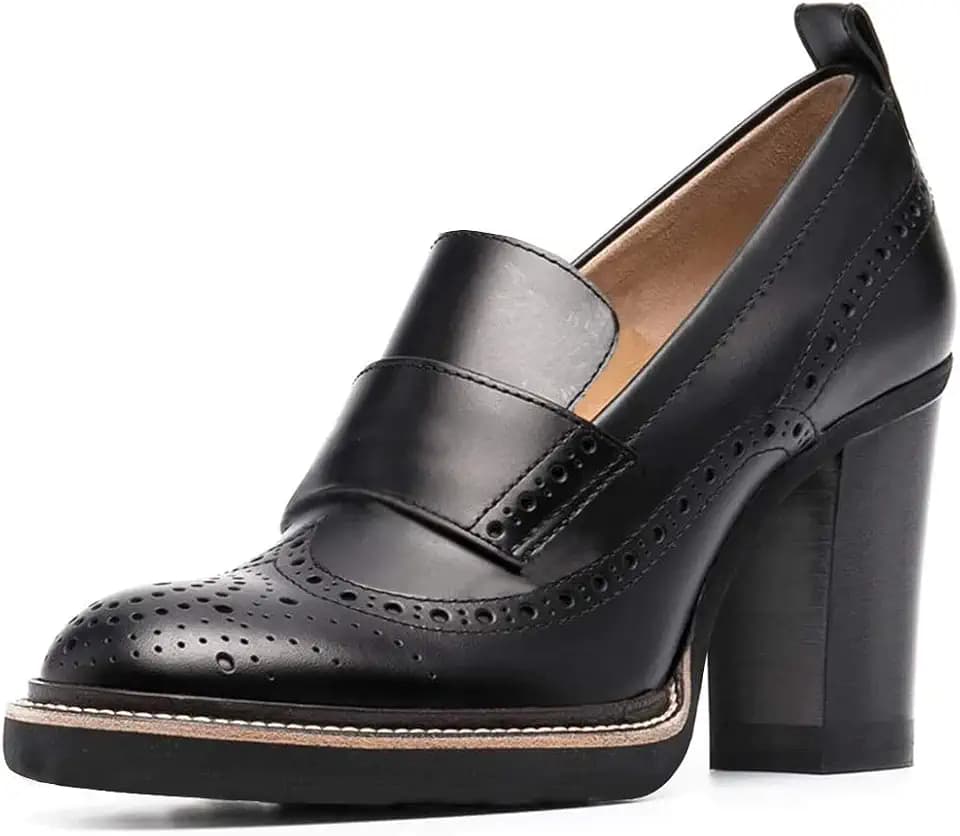 YDN Women Chunky High Heels Round Toe Oxford Loafer Shoes Slip On Leather Office Work Penny Loafers Size 4-16 US