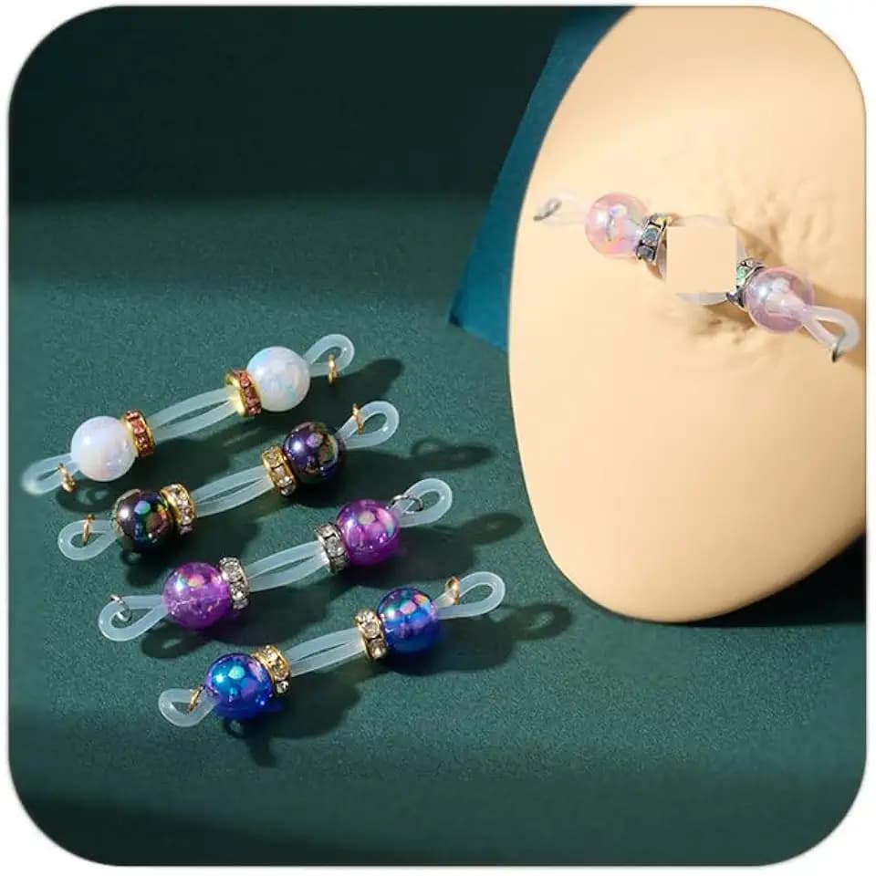 QWALIT 5pairs Dainty Fake Nipple Piercing Fake Nipple Rings Adjustable Elastic Nooses Silicone Ball Cute Dainty Pearl non-Piercing Faux Body Jewelry for Women Comfortable Valentine's Day