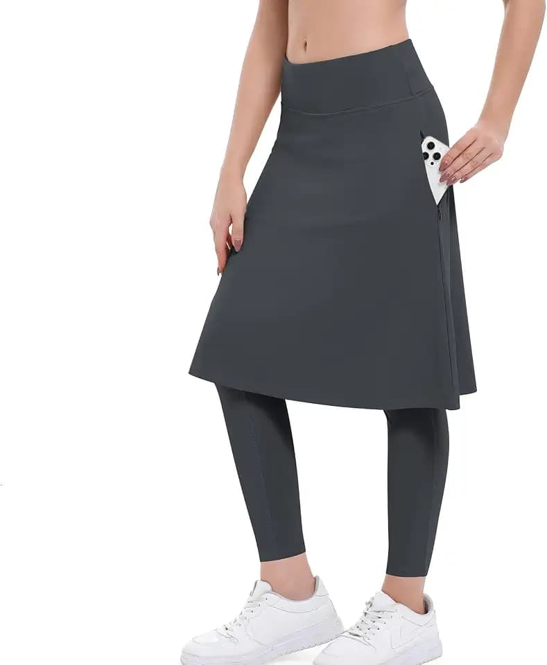 Xioker Women Athletic Knee Length Skirts with Full Leggings,Skirted Leggings Skorts with Zipper Pockets