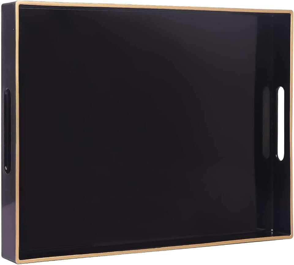 MAONAME Black Decorative Tray, Rectanrle Plastic Serving Tray with Handles