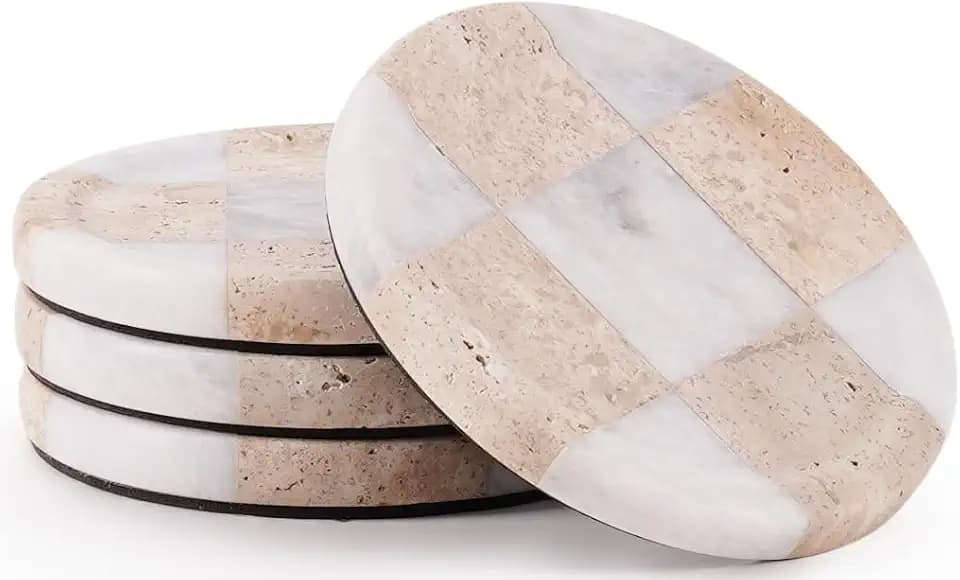 Marble Coasters Set of 4, Travertine & White Handmade 4 inch Round Checkered Stone Coaster, Drink Coaster Plates for Living Room, Trendy Office Desk Accessories & Home Décor