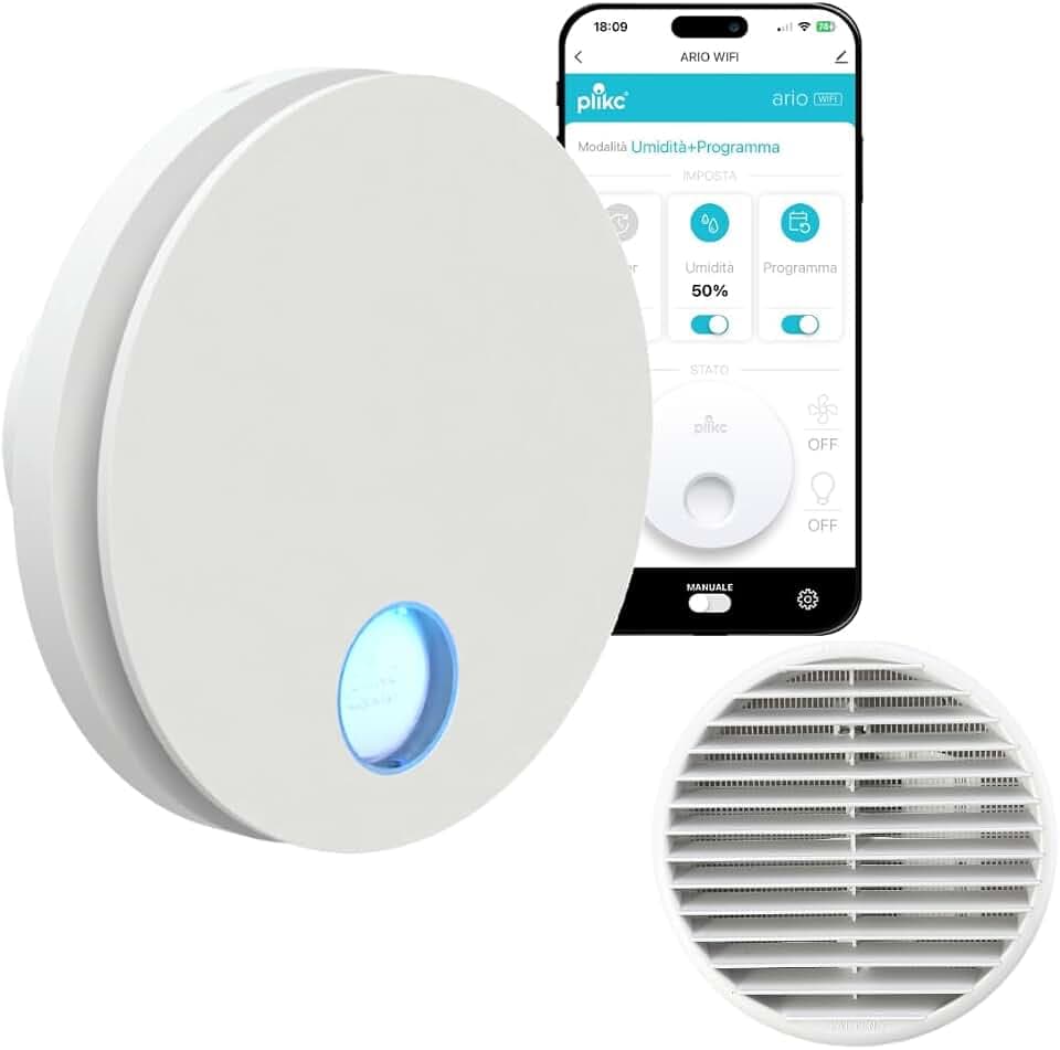 plikc - WIFI Wandventilator mit Axialabsaugung Serie Ario W mit Feuchtigkeitssensor und Timer - 100% Made in Italy + Wandgitter (Gold Ø 98, Weiß)