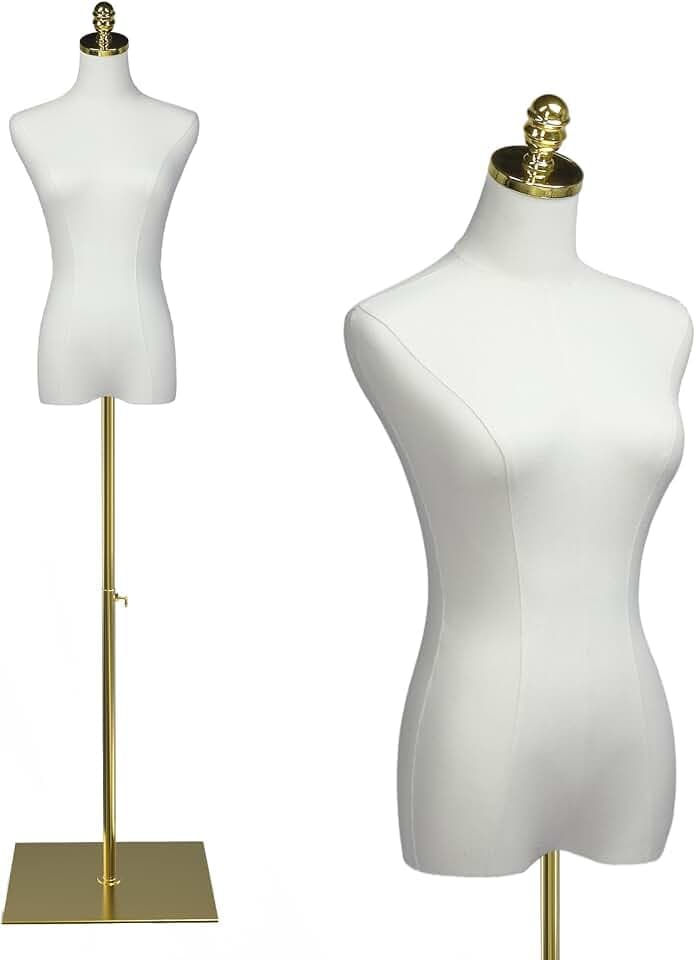 Bonnlo Weibliche Kleiderform für Kleidung, Präsentation, höhenverstellbar, Frauenpuppe, Torse-Körper mit stabilem goldfarbenem Metallständer, Kleidung, Kleid, Schmuck, Display, Nähmodell (beige