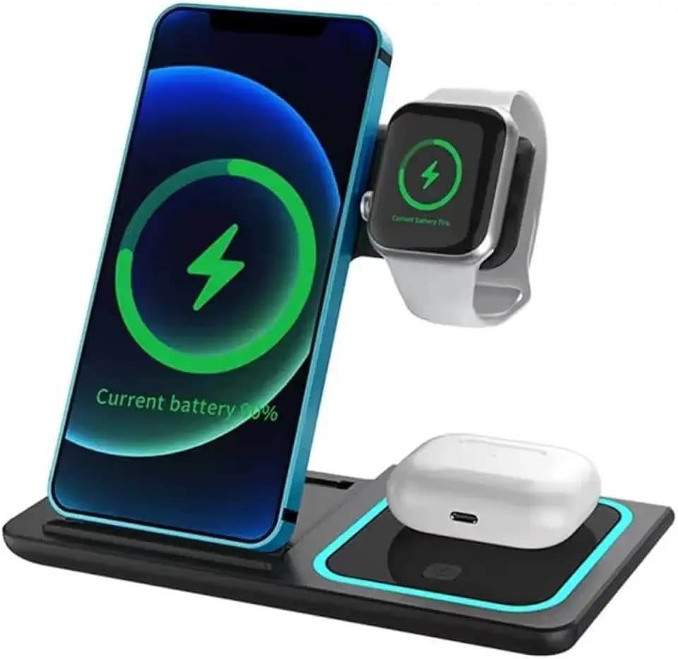 3‑in‑1 Magnetic Wireless Charging Station, 15W Fast Charger Stand for iPhone 12–17 Series, Samsung Galaxy, Watch & Earbuds, Foldable Portable Charging Dock