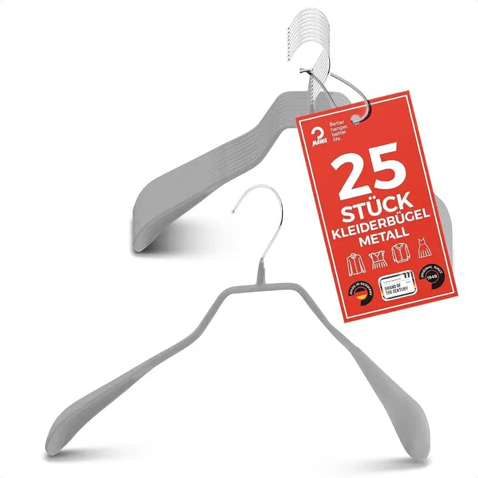 MAWA Kleiderbügel, Set mit 25 körpergeformten Metallkleiderbügeln, ideal für Mäntel, Jacken, Blazer und Anzüge, 360° drehbarer Haken, Antirutschbeschichtung, 42 cm, Silber