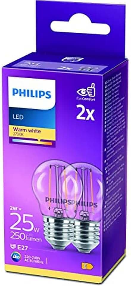 Philips LED Classic E27 Lampe, 25W, Tropfenform, klar, warmweiß, 2er Pack