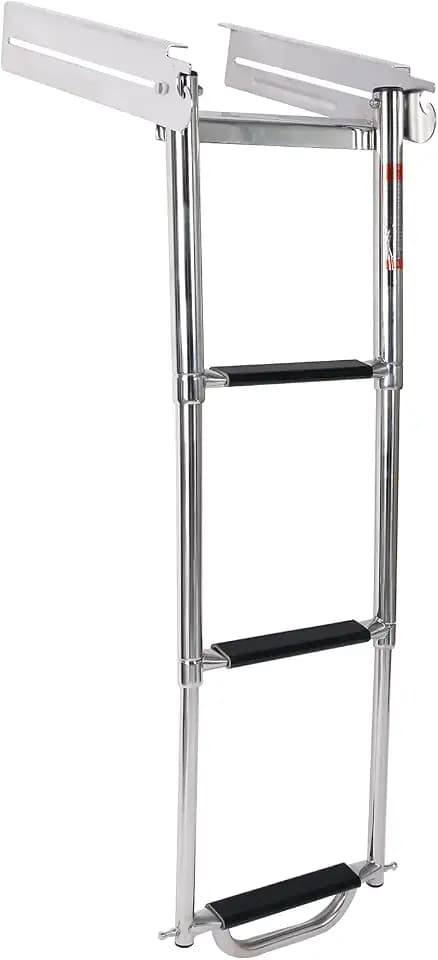 Amarine Made 3 Step Ladder Under Platform Sliding Ladder Stainless Steel 316 Spring Loaded Latch with a Carry Handle and Pop-N-Lock (3 Step Swim Platform Underside Ladder)
