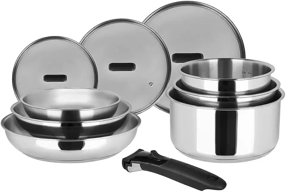 Sitram 717375 Kochgeschirr-Set, 10-teilig, 100% Edelstahl: 3 Pfannen Ø 20,24,28 cm + 3 Töpfe Ø 16,18,20 cm + 3 Glasdeckel Ø 16,18,20 cm + abnehmbarer Griff – für alle Herde, auch Induktion