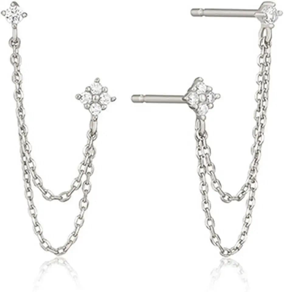 Ohrringe 925 Silber für Damen 14K Vergoldet Hypoallergen Zirkonia Hängend Quaste Kette Lange Baumeln Piercing Ohrstecker Valentinstags Schmuck Geschenke