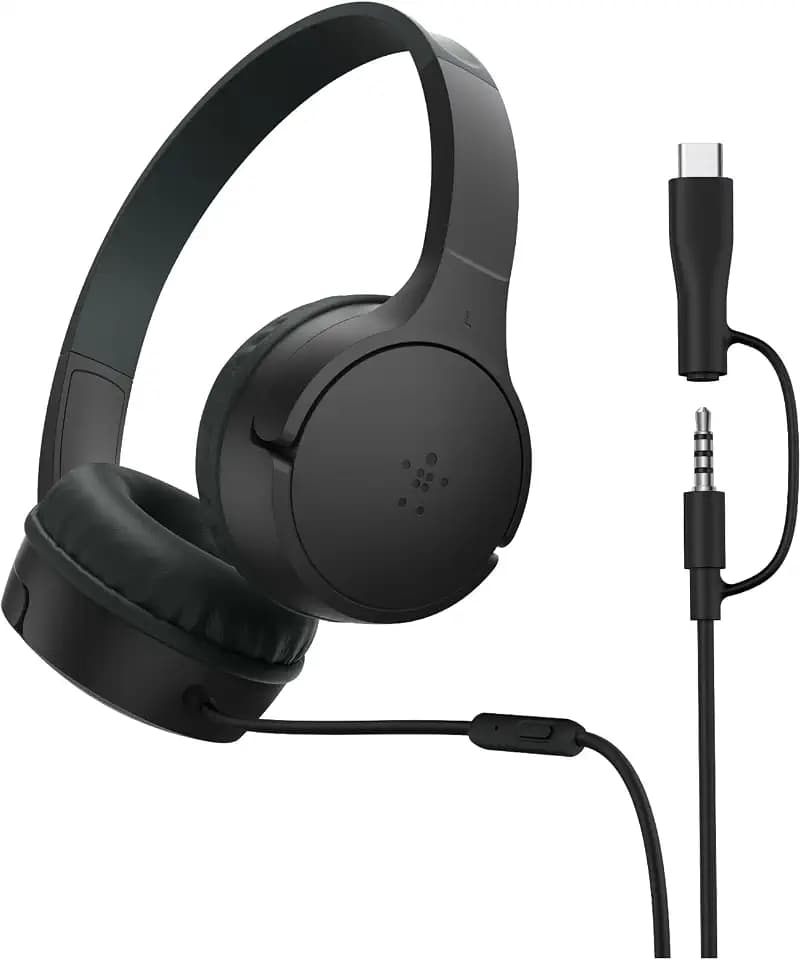 Belkin SoundForm Kopfhörer Kinder mit Kabel, USB-C auf 3,5-mm-Klinken Dongle, integriertes Mikrofon, Aufkleber, Lautstärkebegrenzung auf 85 dB, kompatibel mit iPhone, iPad, Galaxy usw. – Schwarz