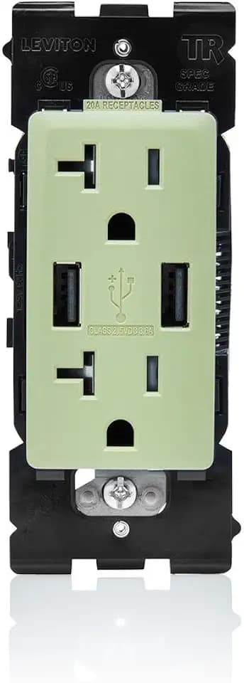 Leviton Renu USB Charger/Tamper-Resistant Duplex Outlet, 20A-125VAC, RUAA2-PS, Prairie Sage