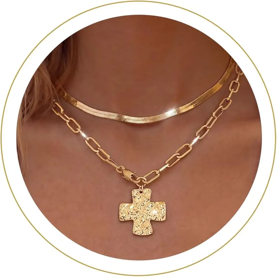 Moodear Chunky Cross Necklace for Women, 14K Gold/Silver Plated Layered
