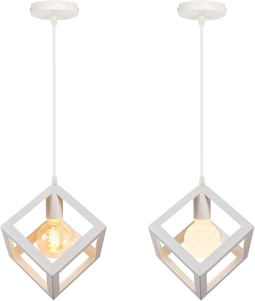 iDEGU 2 Stück Pendelleuchten im Geometrie Design Vintage Hängelampe mit Würfel Lampenschirm aus Metall Retro Deckenleuchte E27 Moderne Hängeleuchte für Schlafzimmer Wohnzimmer Flur, 16 cm, Weiß