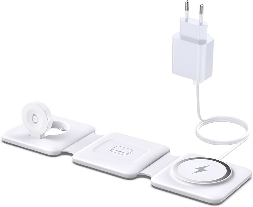 Ladestation Für iPhone Wireless Charger - 3 in 1 Faltbare Kabelloses Ladegerät Kompatibel mit iPhone 16 15 14 13 12 Pro Max Plus, Travel Charging Station Für Apple Watch & Für Air Pods (Weiß)