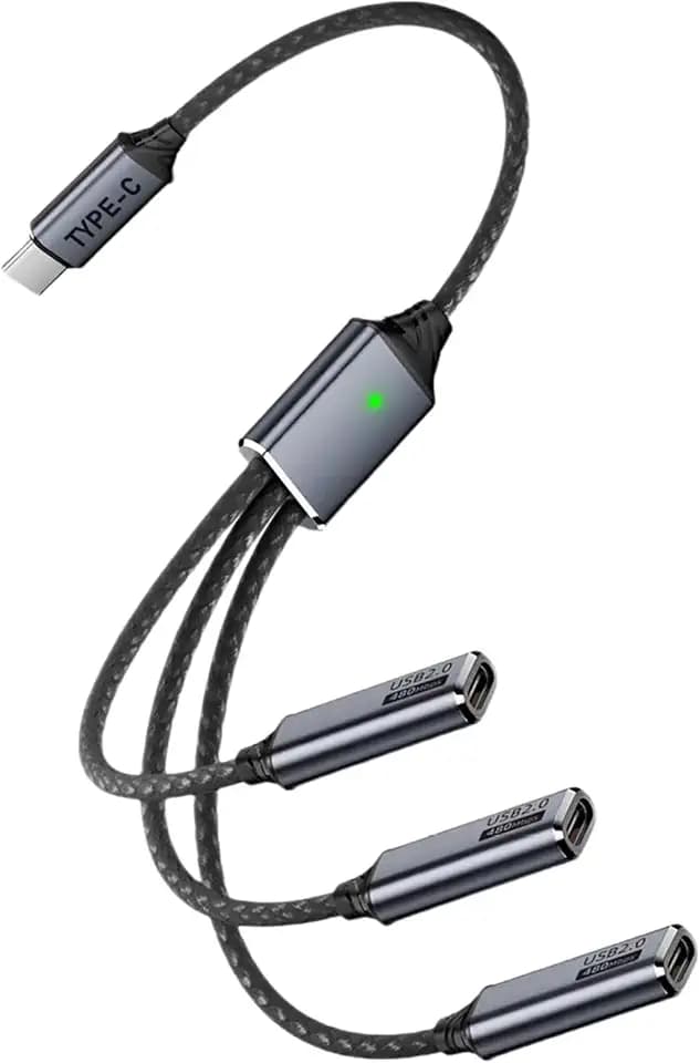 Danfetsoy USB C Splitter 1 in 3 Out, Multi USB C Splitter Cable, Type C Male to 3 Female Nylon Braided Cable Support 480Mbps Transfer Data and Charging for Android Tablets, MacBook, Keyboards, 25cm