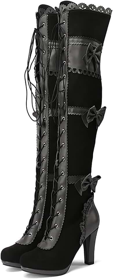 SOOUICKER Ladies Thigh High Over The Knee Boots Women Chunky High Heel Steampunk Gothic Victorian Style Lace Up Boots