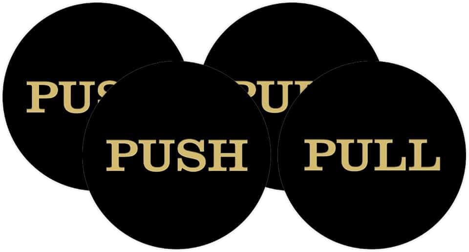 2" Round Push Pull Door Signs (Black-Gold) - 2 Sets (4pcs)