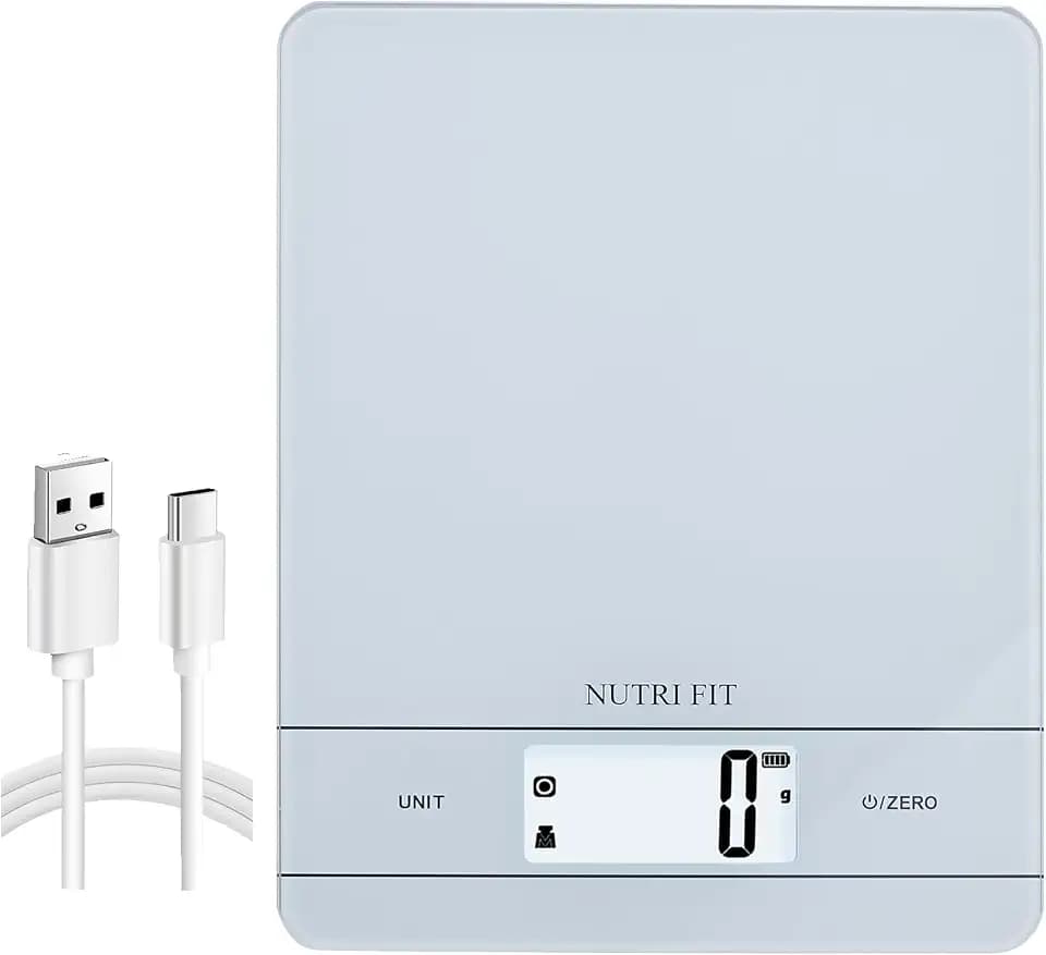 NUTRI FIT Digitale Küchenwaage Wiederaufladbar aus Gehartes Glas, Weiss