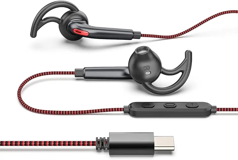 Wired USB C Headphones for Sports Running, Half in-Ear Earbuds with Microphone, Secure Fit, Tangle-Free Braided Cord, Pure Sound, Type C Earphones with Mic for Workouts, Gym, Jogging - Red