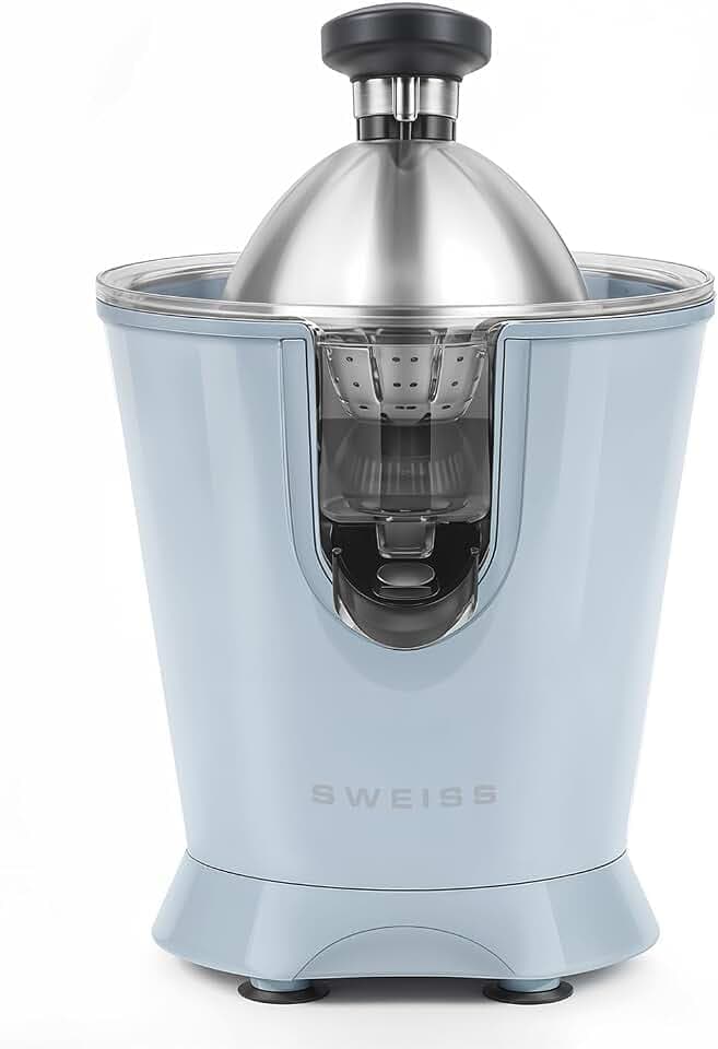 SWEISS ZEST6 Elektrische Zitruspresse, professionell, tropffreier Ausgießer, spülmaschinenfest, leises Gerät, leistungsstarker Gelenkarm, 160 W, Blau