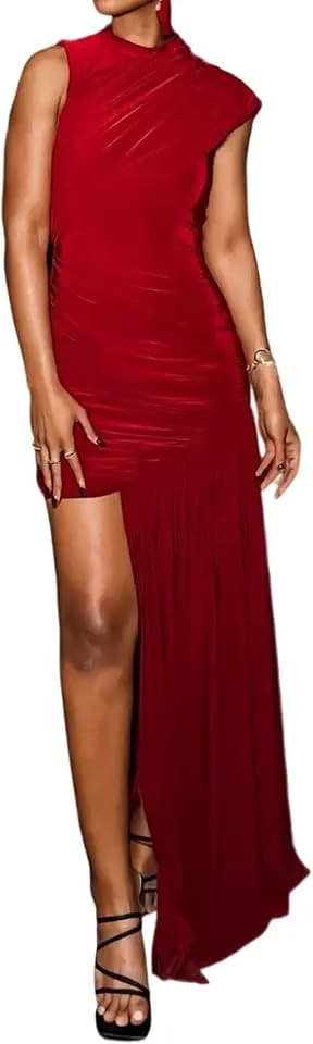 Kwunbwa Women's Sleeveless Ruched Maxi Dress Elegant Irregular Dresses