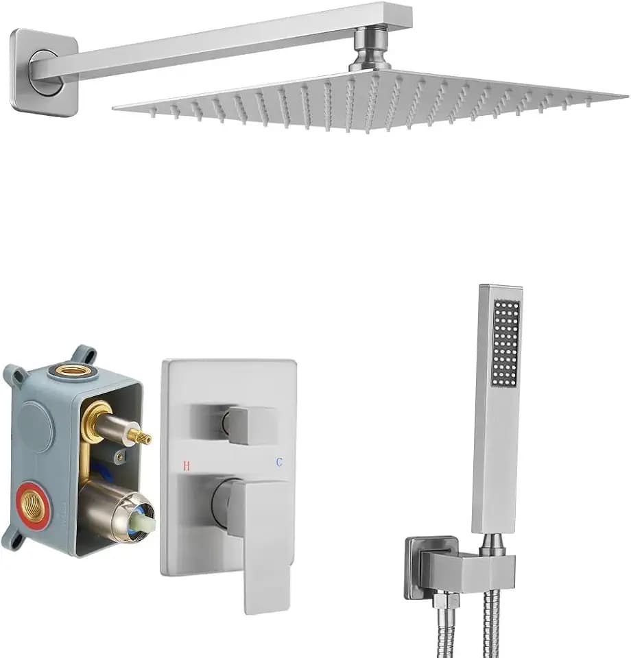 Brushed Nickel Shower System 10 Inch Bathroom Luxury Rain Mixer Shower Combo Set Wall Mounted Rainfall Shower Head and Handheld System Shower Faucet Rough-in Valve Body and Trim Kit