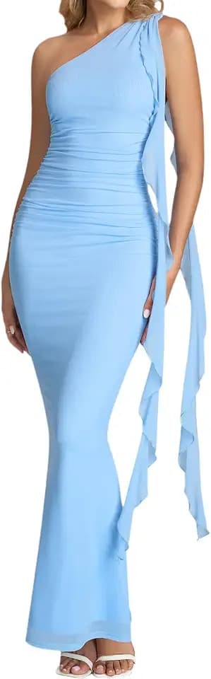 XinFSh Women's Ruffle One Shoulder Formal Wedding Guest Maxi Bodycon Dress