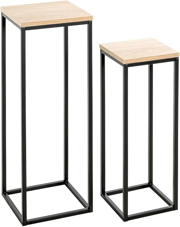 HAKU Blumensäule 2er Set quadratisch, Pflanzenhocker Pflanzenständer aus MDF Eiche Natur und Metall Schwarz Maße: B 19/23 × H 54/67 × T 19/23 cm Style: Modern