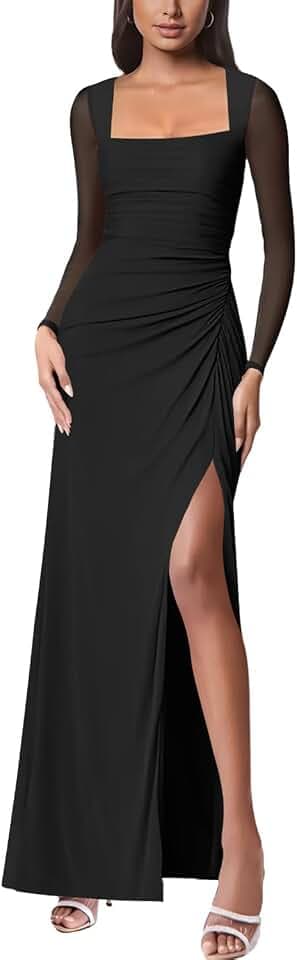 firfig Women Mesh Long Sleeve Square Neck Ruched Sheath Formal Evening Maxi Dress Cocktail Party Wedding Guest Dresses
