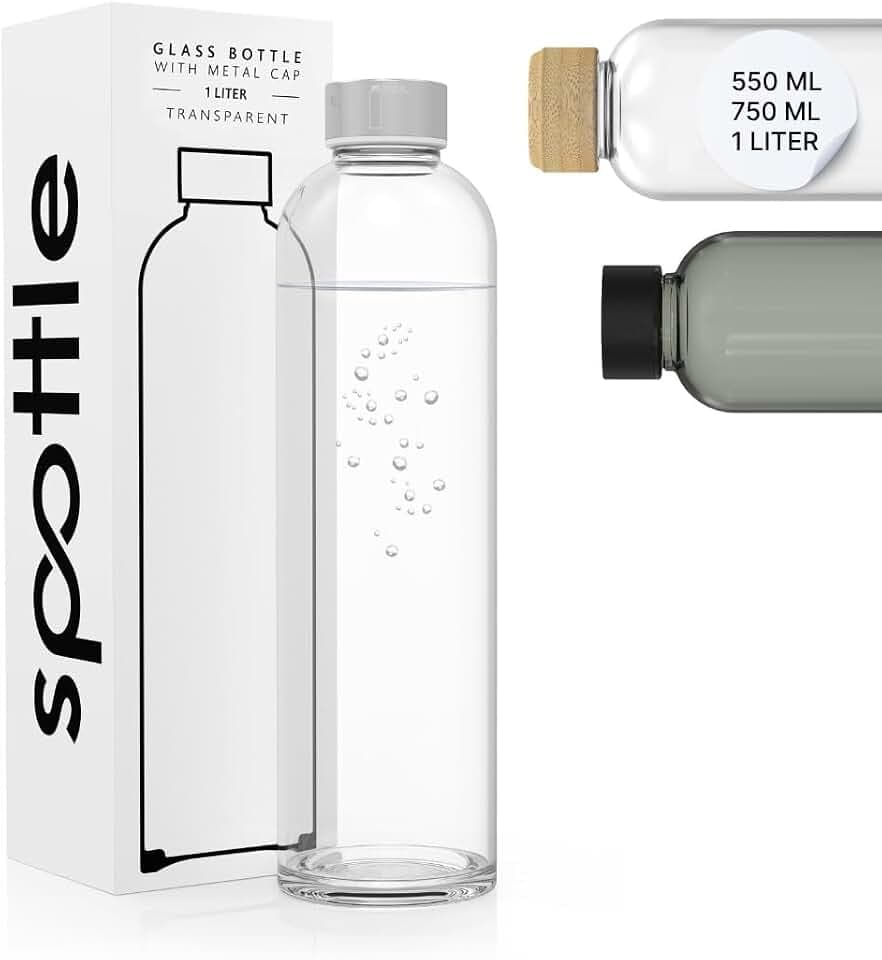 spottle Trinkflasche Glas - Glasflasche in 500 ml - 750 ml - 1 L - Glas Wasserflasche für Kohlensäure geeignet - spülmaschinenfest & auslaufsicher