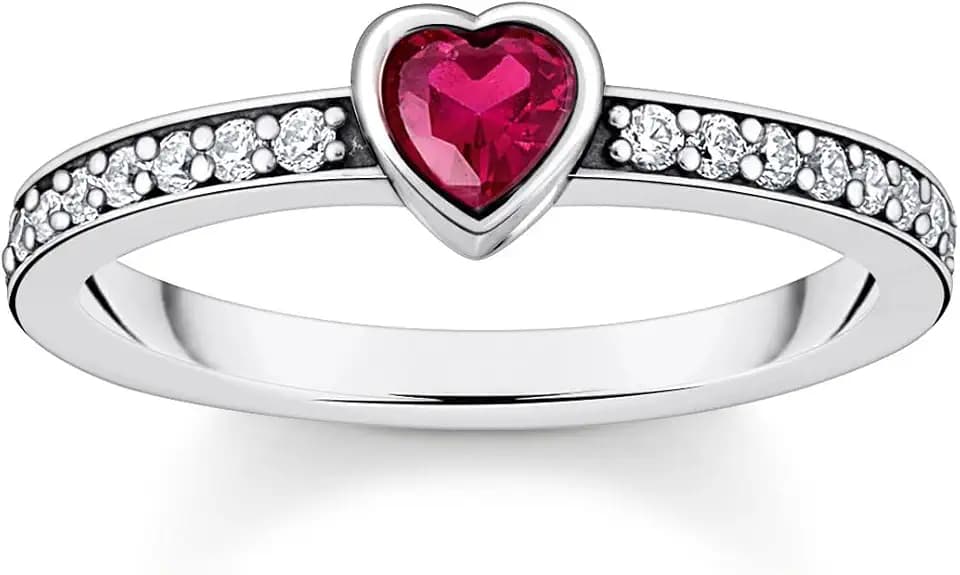THOMAS SABO Solitärring mit rotem Stein in Herzschliff Silber 925 Sterlingsilber, Geschwärzt