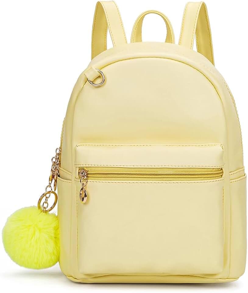 Cute 10 Inch Mini PU Backpack with D-Ring & Removable Fluffy Ball Charm for Teens & Women (yellow)