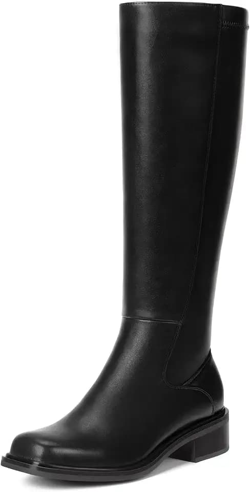 Knee High Boots for Women - Low Heel Square Toe Tall Boots with Side Zipper, Comfortable Long Flat Boots for All-day Wear Spring Fall, Black, Size 6.5