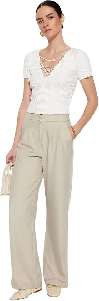 TRENDYOL Damen Pants Mink Farbe Wide Leg Pleated Trousers - Twoaw22pl0475