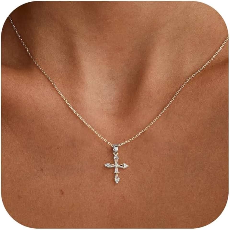 VIROMY Gold Cross Necklace for Women - Dainty Diamond Cross Pendant Necklaces Non Tarnish Waterproof Necklace Simple Choker Minimalist Jewelry