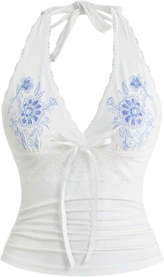 OYOANGLE Women's Y2k Halter Tops Floral Embroidery Going Out Top