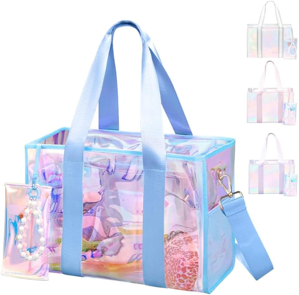Beach Bag 26L Large Iridescent Waterproof Jelly Tote Bag for Women with Zipper & Phone Pouch Sand/Tip-Proof Crossbody
