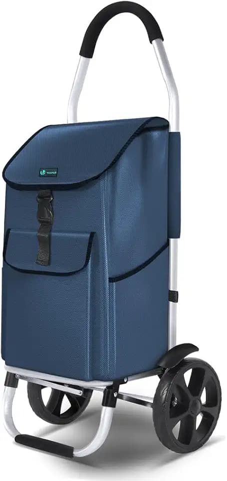 VOUNOT® Einkaufstrolley Klappbar aus Aluminium mit 58L Wasserdichter Tasche, 2 Extra große Räder mit Schutzblech, Faltbarer Einkaufswagen, Treppensteiger Trolley, Marineblau