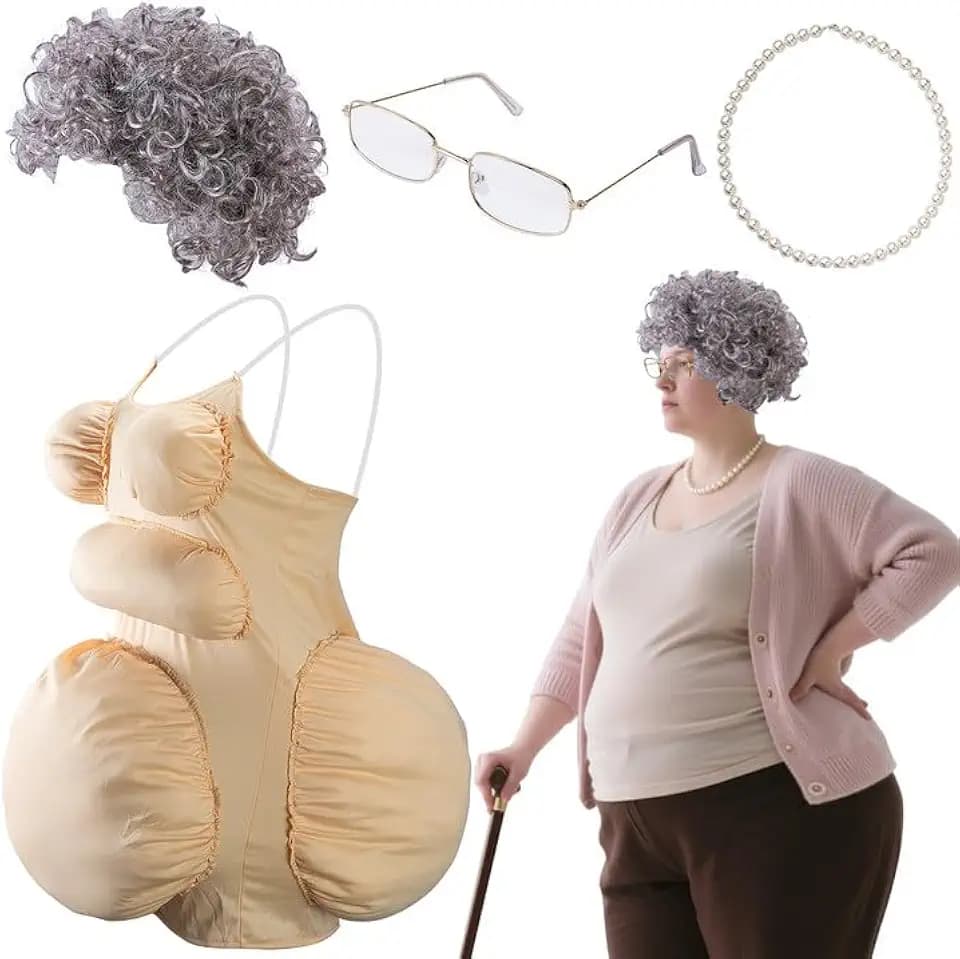 4 Pcs Halloween Fat Old Lady Costume, Grandma Fake Belly and Chest Fat Suit