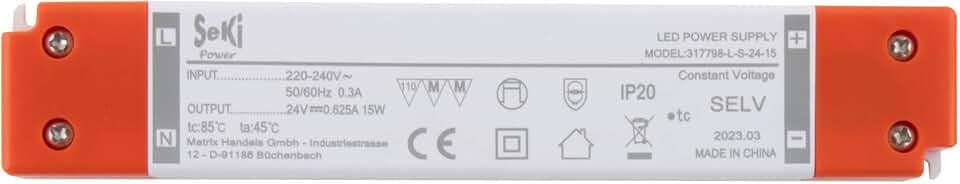 SeKi 24V DC 15W 0,625A Konstantspannungs LED Treiber flache Bauform/Slim; Netzteil, Transformator, Schaltnetzteil; keine Mindestlast, kein Rauschen/LED-Flimmern, MM Zulassung