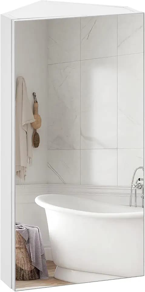 TUKAILAI Spiegelschrank Eck 30x60x25 cm Weiß, Badschrank mit Spiegeltüren