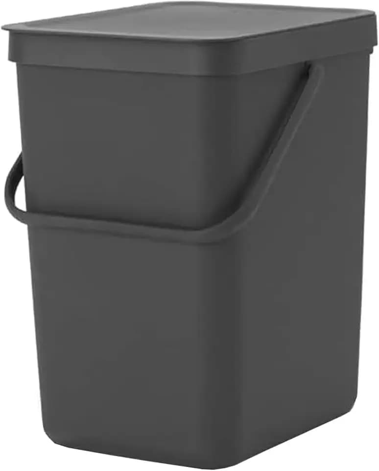 Brabantia Sort & Go Abfalleimer mit Deckel 25 L (grau), platzsparender Pfandsammler mit Griff, abnehmbarer, feststellbarer Deckel, leicht zu reinigender großer Mülleimer ohne Ecken und Ränder