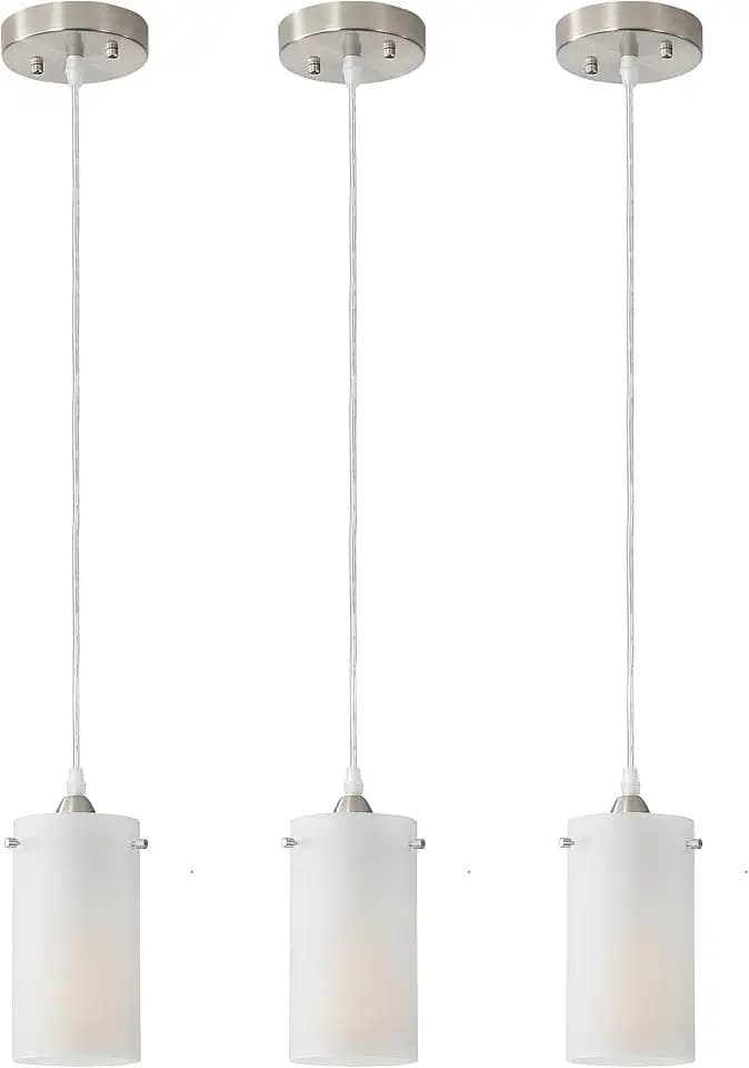 1-Light Mini Pendant Light Fixtures, Modern Chandelier Hanging Ceiling Light with White Frosted Shade, Brushed Nickel Pendant Lighting Adjustable Height, 3 Pack