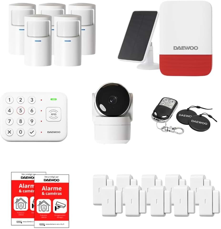 Daewoo Vigilia VIG105 WiFi-Alarmanlage, kabellos, ohne Abonnement, kompatibel mit Tieren, Detektoren und Solarsirene inklusive + Überwachungskamera Full HD, App inklusive