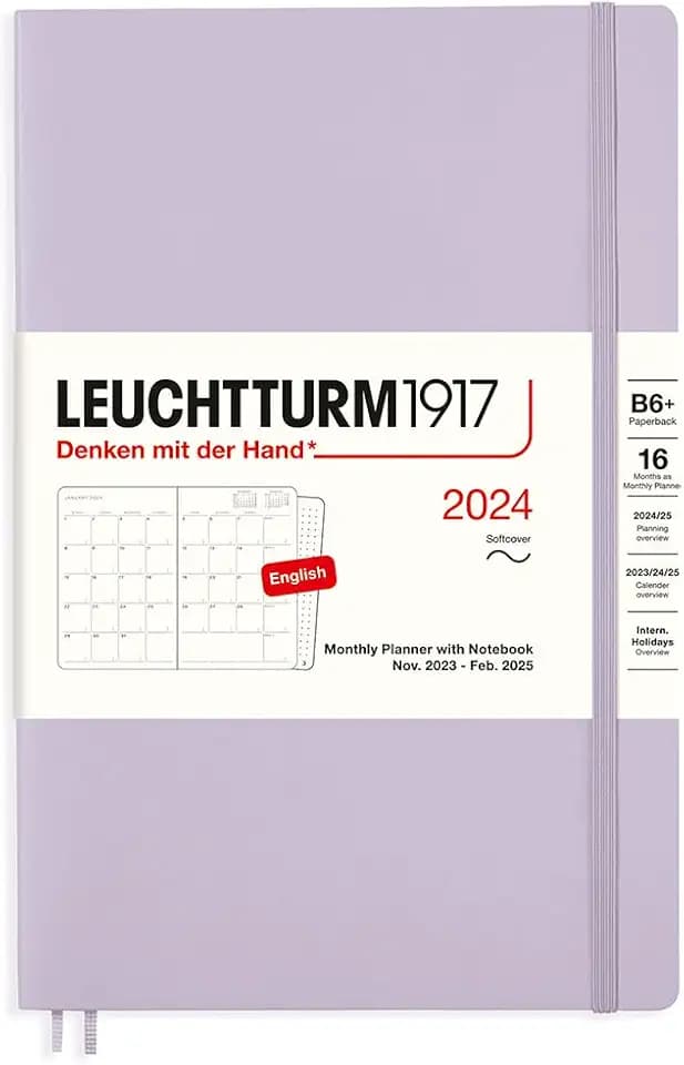 LEUCHTTURM1917 367575 Monatsplaner mit Notizbuch, Softcover, Paperback (B6+) 2024, 16 Monate, Lilac, English