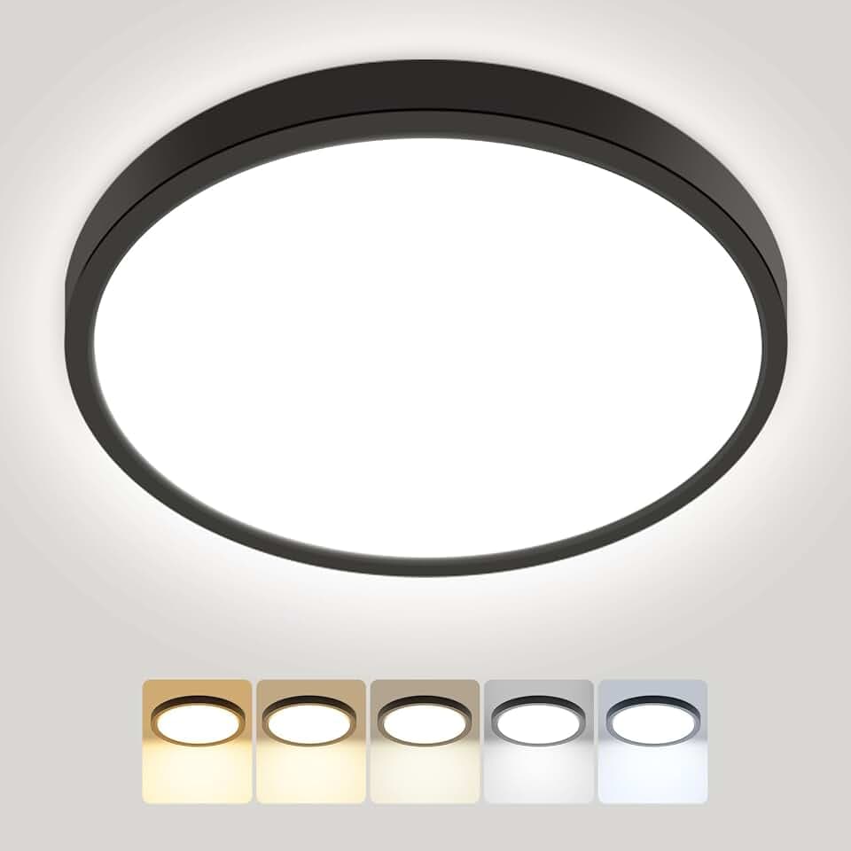 Peasur Deckenlampe LED Deckenleuchte Flach,5Farben-3000/3500/4000/5000/6500K,IP54 Wasserfest Badezimmer Lampe Decke,18W Modern Rund Lampe für bad flur schlafzimmer keller Wohnzimmer,22*1.6cm,Schwarz