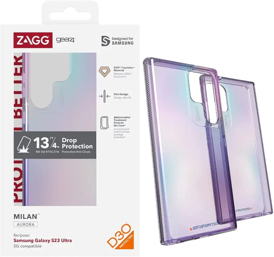 ZAGG Gear4 Milan Samsung Galaxy S23 Ultra Phone Case (Aurora), D30 Drop Protection up to 13ft / 4m, Wrks with Wireless Charging Systems, Lightweight and Transparent with Edge-to-Edge Protection